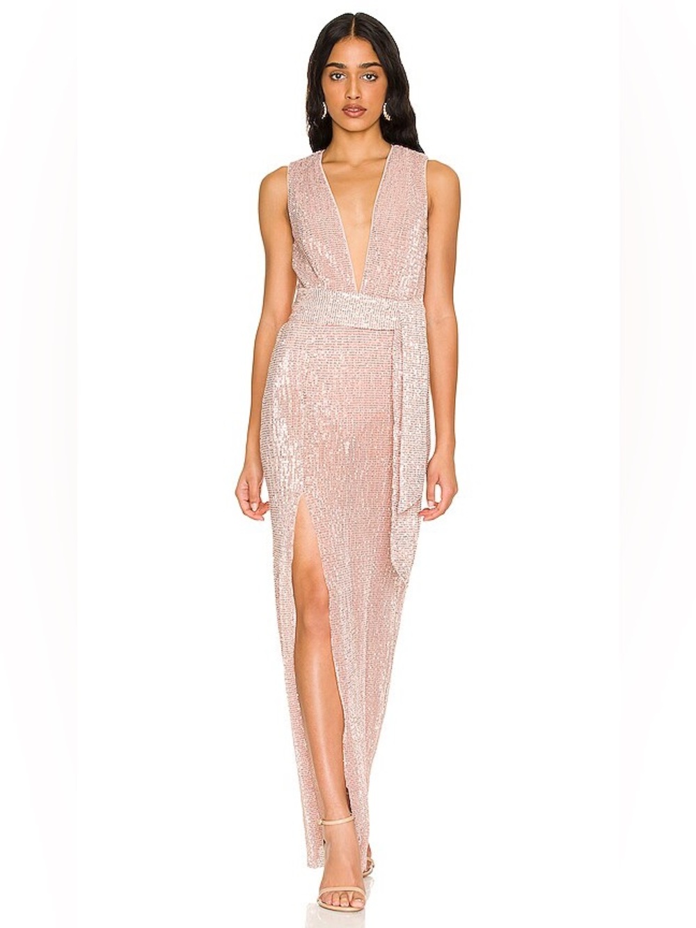 NBD Elektra Sleeveless Sequin Long Maxi Dress V-Neck Copper Pink Medium Glam